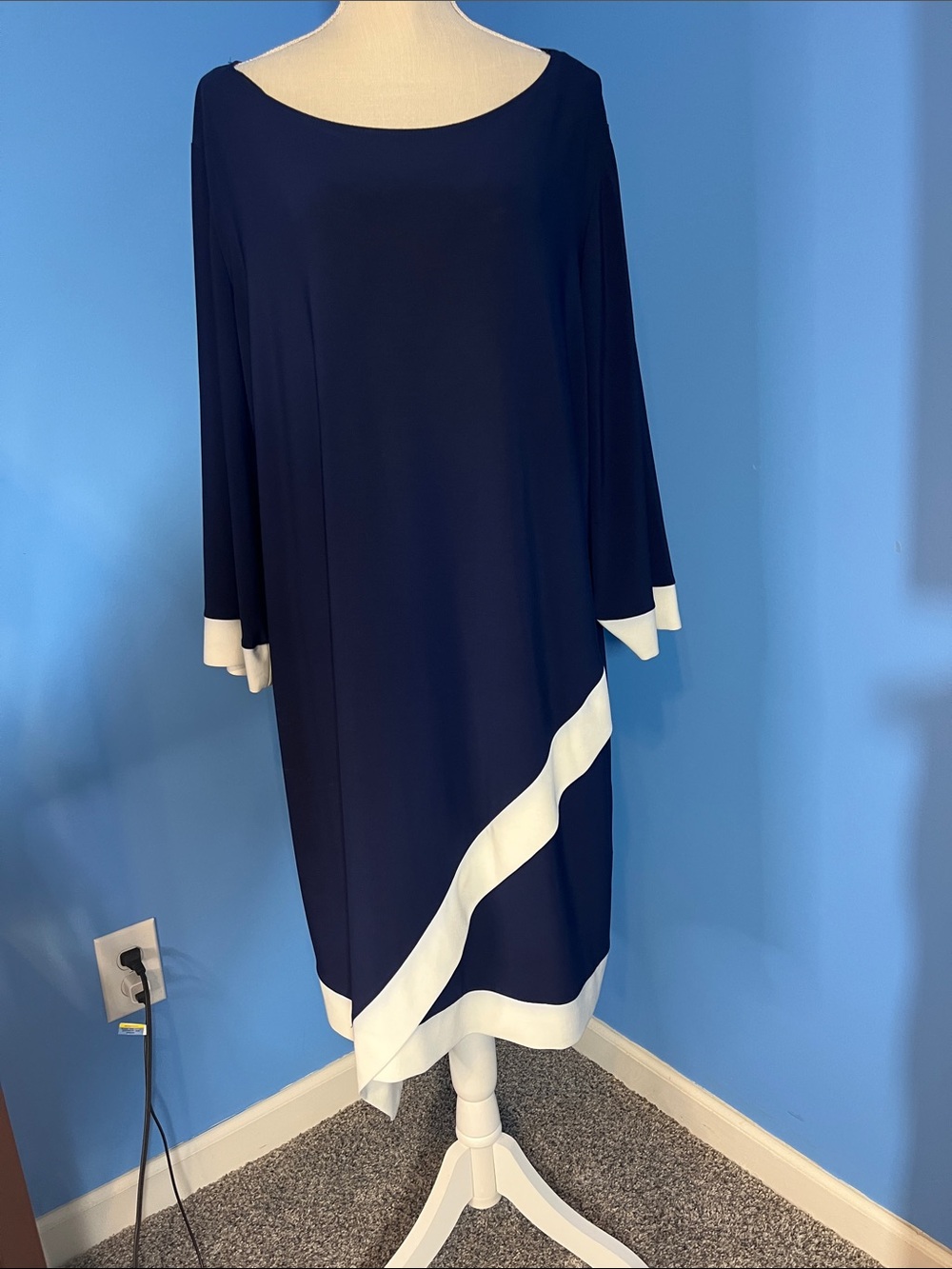 Tiana B. Navy Dress with White Trim Asymmetrical Hem, Size 22W
